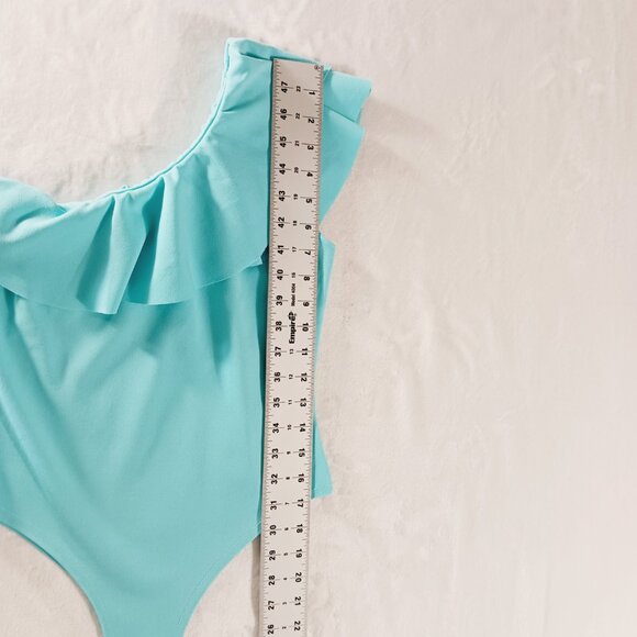boohoo, NWOT One Shoulder Ruffled Aqua Bodysuit Size 6 Bodycon, Beachy, Vacation - Picture 9 of 11